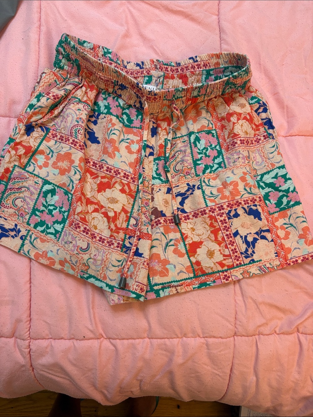 VENUS High-Waist Floral Patchwork Shorts in Coral, Green & Navy